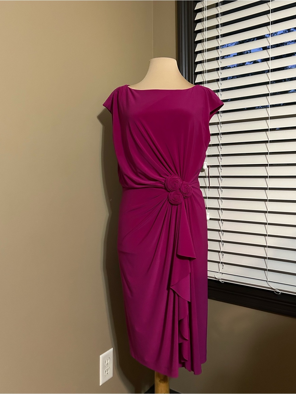 new directions Magenta Draped Midi Dress with Rosette Accent